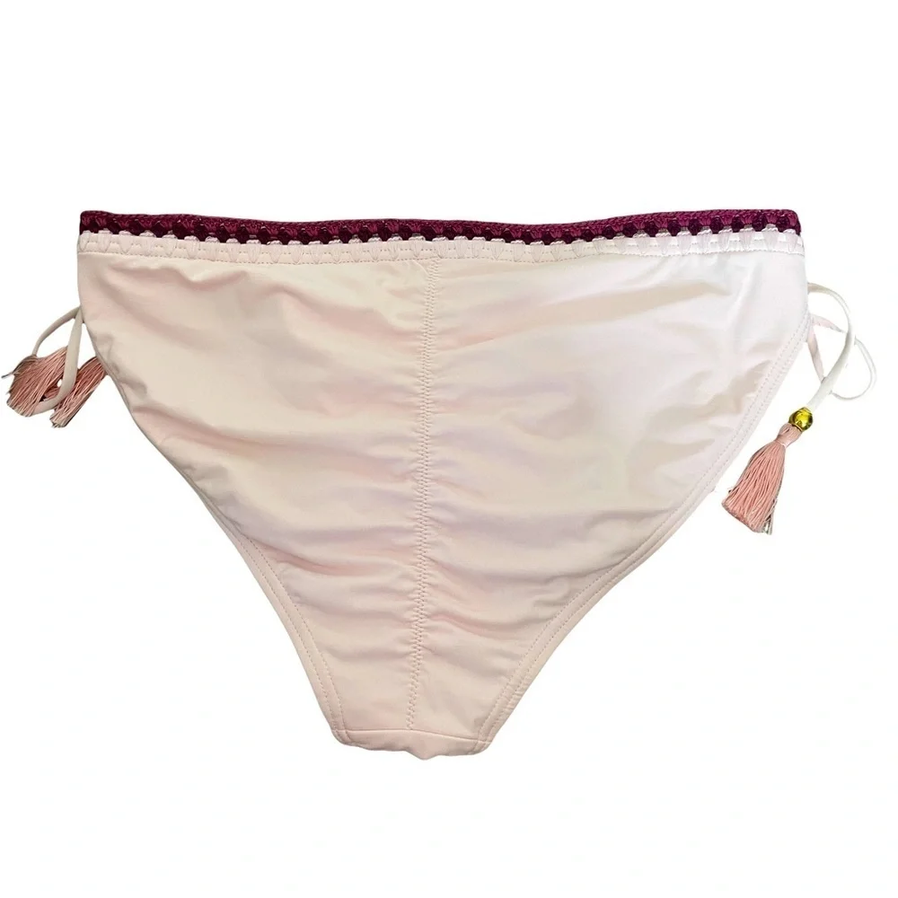 NEW Ambrielle Pink Tassel Side Tie String Bikini Bottoms w/ Crochet Trim Sz. L